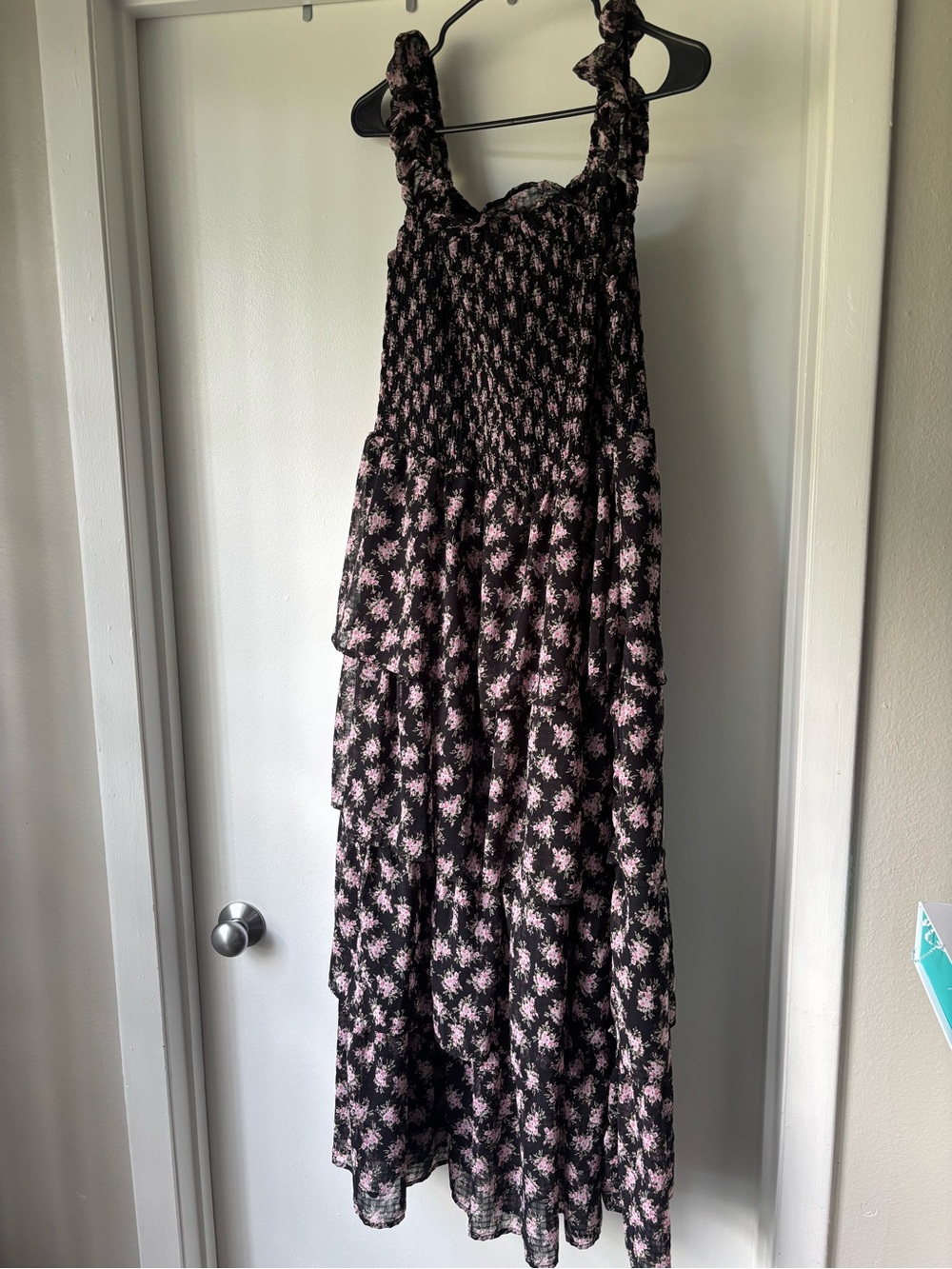 Black and Pink Floral Smocked Maxi Dress